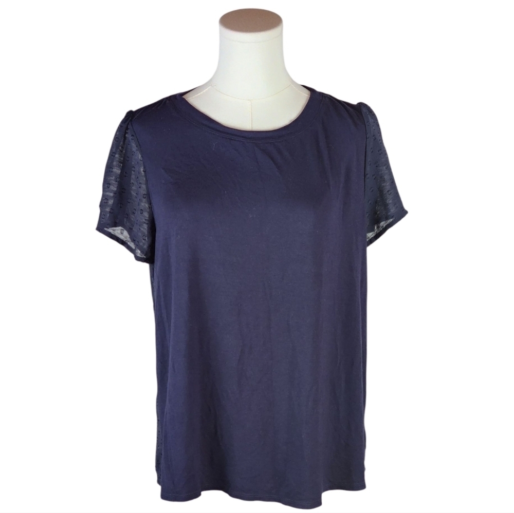 Skies Are Blue Soft Navy Top With Swiss Dot Semi Sheer Back And Sleeves Size M